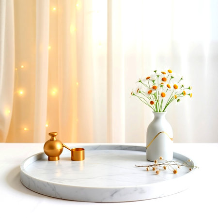 Vase with flowers and golden rings on white marble table in roomの写真素材