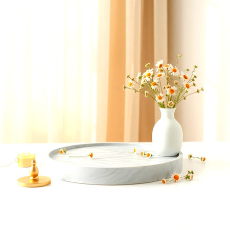 Vase with beautiful chamomile flowers on table in roomの写真素材