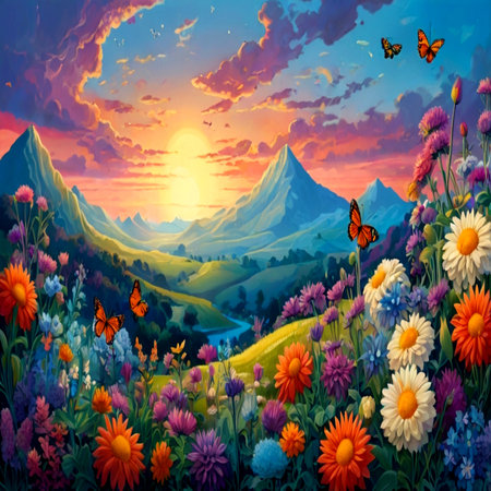 Beautiful summer landscape with flowers and mountains at sunset. Digital painting.の写真素材