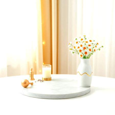 Mockup of vase with flowers on white table in roomの写真素材