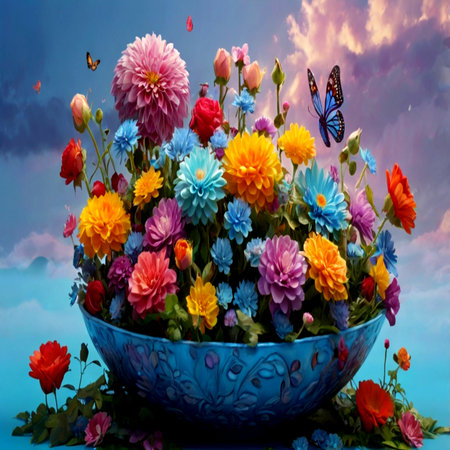 Bouquet of colorful dahlias in blue bowl with butterflyの写真素材