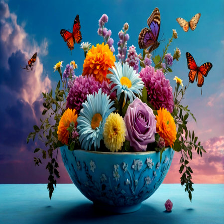 Bouquet of flowers in a bowl on a blue backgroundの写真素材