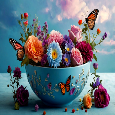 Bouquet of colorful flowers in a blue bowl with butterfly.の写真素材