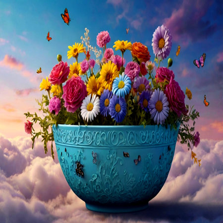 Bouquet of colorful flowers in blue vase on sky backgroundの写真素材