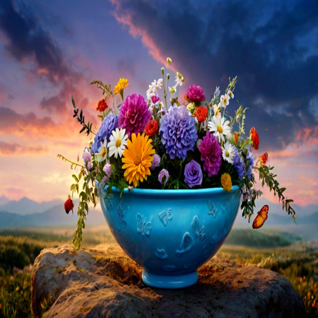 Bouquet of flowers in a blue vase on the background of the sunsetの写真素材