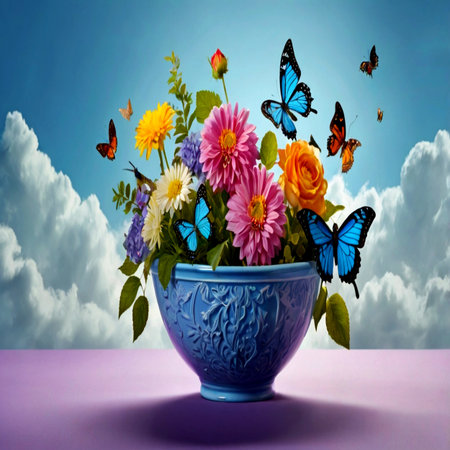 Bouquet of flowers in vase with butterflies on blue sky backgroundの写真素材