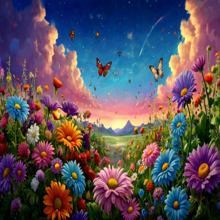Beautiful fantasy landscape with flowers and butterflies. Colorful painting.の写真素材