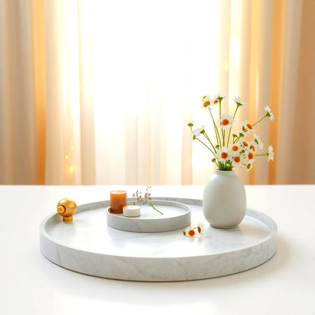 White ceramic vase with daisies on white marble table in roomの写真素材