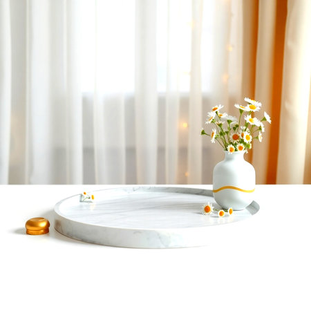 Vase with chamomile flowers on white table in roomの写真素材