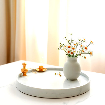 White vase with chamomile flowers on a white tableの写真素材