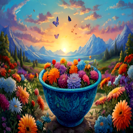 Beautiful summer landscape with flowers in a vase.の写真素材