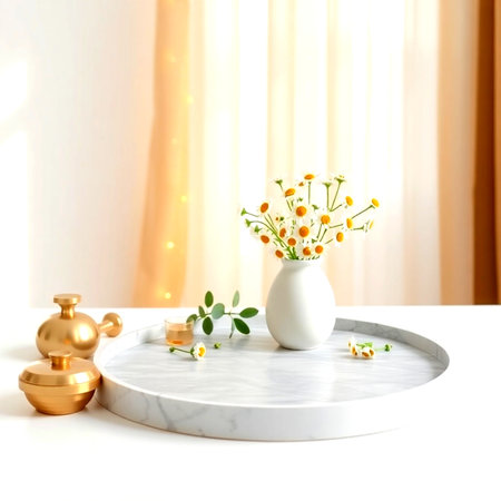 3d rendering of vase with chamomile flowers on white marble tableの写真素材