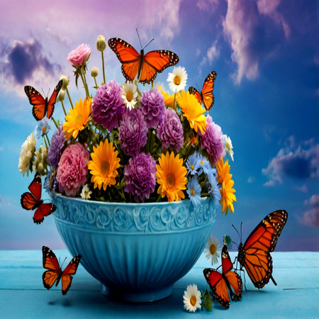 Bouquet of flowers in a vase with butterfly on blue backgroundの写真素材