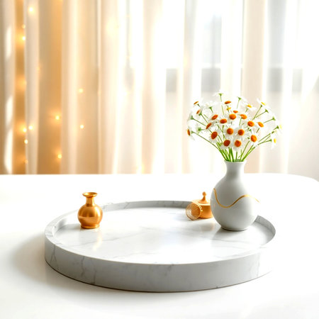 Beautiful chamomile bouquet in vase on table in roomの写真素材