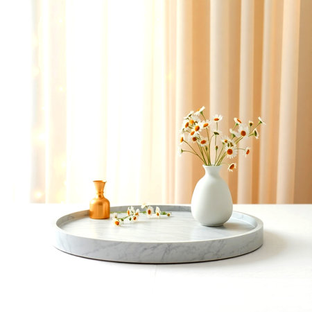 Vase with beautiful chamomile flowers on table in roomの写真素材