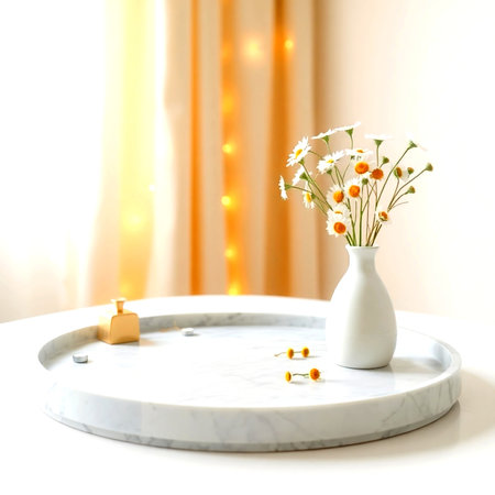 Vase with chamomile flowersle table in roomの写真素材