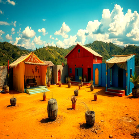 Colorful camp in the mountains on a sunny day. Tanzania, Africaの写真素材