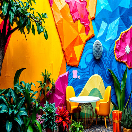 Colorful decoration of cafe with table and chair on colorful wall backgroundの写真素材