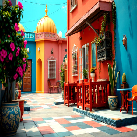 Colorful architecture in a vibrant town.の写真素材