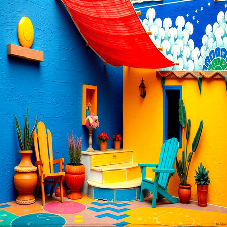 Colorful house with vibrant decorations and traditional architectural elements.の写真素材