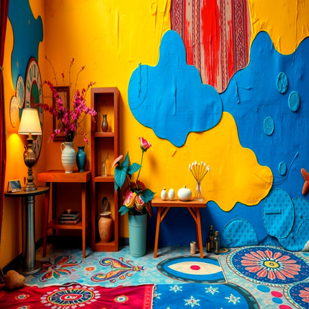 Colorful interior of a children's room with a blue wall and a decorative patternの写真素材