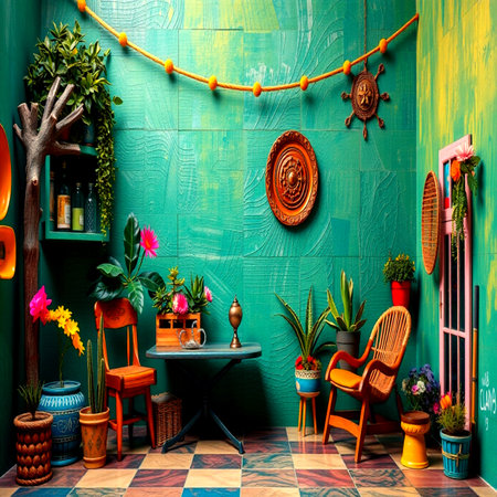 Interior of a green vintage room with wooden furniture and plants.の写真素材