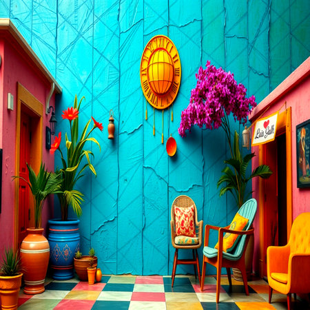 3d illustration of a cafe with a blue wall and colorful chairsの写真素材
