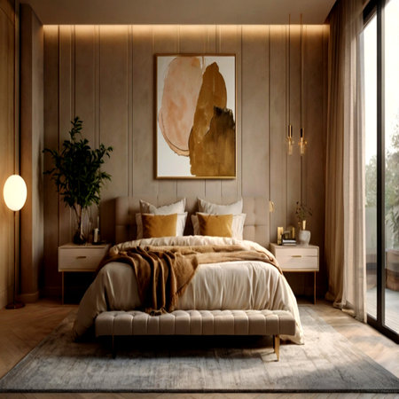 Luxury bedroom interior design with wooden walls. 3d renderの写真素材