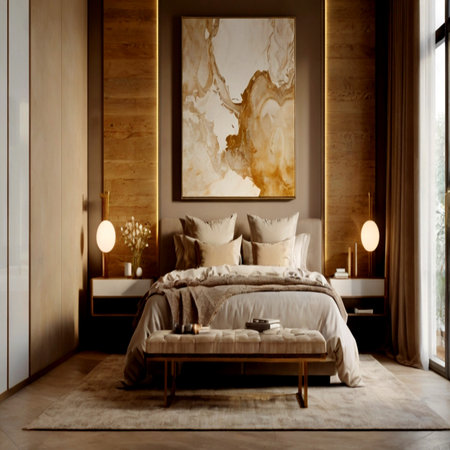 Luxury bedroom interior with wooden wall, carpet and bedside table. 3d renderの写真素材
