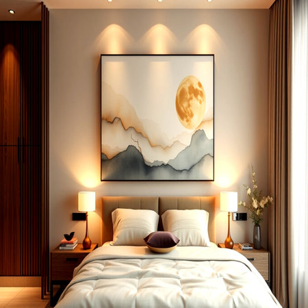 Interior of a modern bedroom with a double bed and a poster on the wallの写真素材