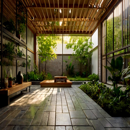 Interior of a modern garden with wooden bench and green plants.の写真素材