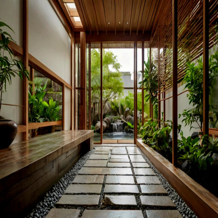 Interior design of a Japanese garden with wooden floor and green plantsの写真素材