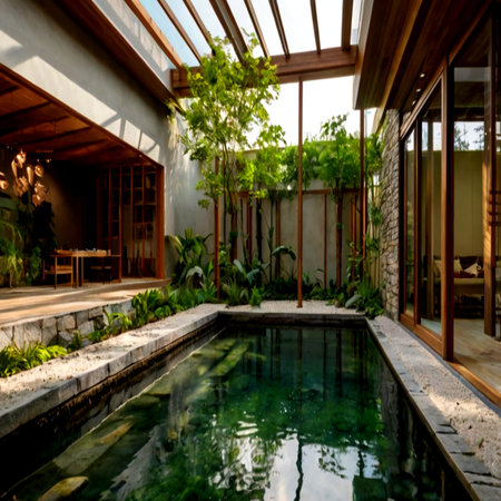 Luxury villa with swimming pool and tropical garden, Thailand.の写真素材