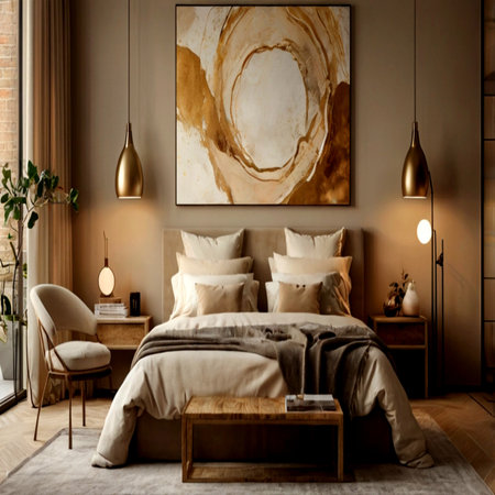 Luxury bedroom interior with brown walls, beige master bed with beige linen, wooden bedside table and golden lamp. 3d renderの写真素材