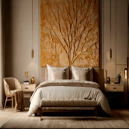 Luxury bedroom interior with beige walls, wooden floor, comfortable king size bed with white pillows and golden lamps. 3d render.の写真素材