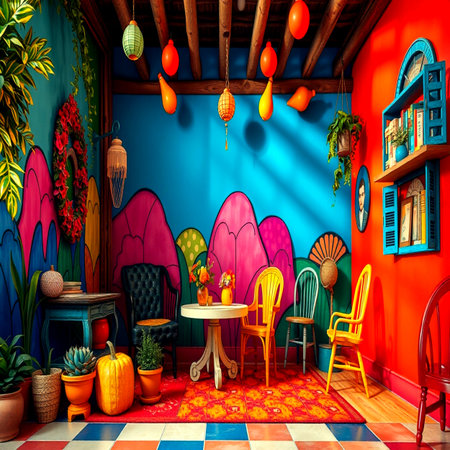 Interior of a cafe with colorful walls. 3D rendering.の写真素材