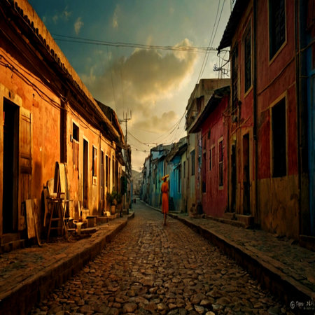Colorful street in the old town. Photo in old color style.の写真素材