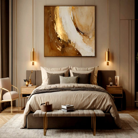 Modern bedroom interior with gold painting on the wall. 3d renderの写真素材