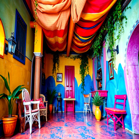 The colorful rooms of the Casa Mila in Mexico Cityの写真素材