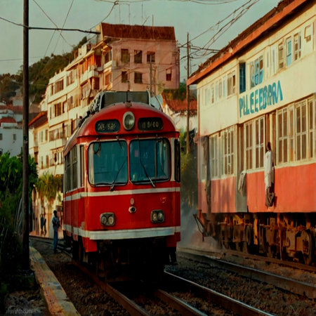 Red train moves through the streets of Cartagena, Colombia.の写真素材
