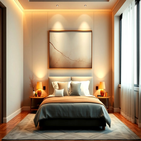 Interior of modern bedroom with white walls, carpet and comfortable king size bed. 3d renderの写真素材