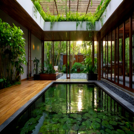 Luxury swimming pool in tropical garden. Nobody inside the houseの写真素材