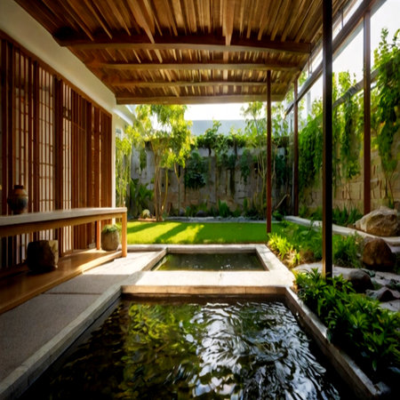 Swimming pool in luxury villa with green garden and blue skyの写真素材