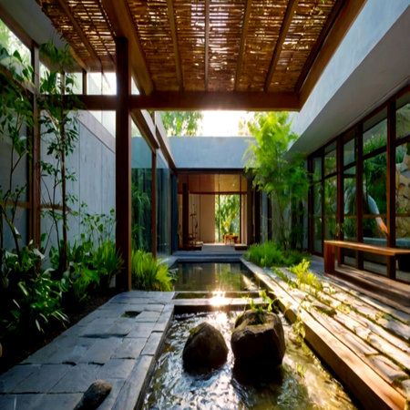 House with swimming pool in the garden at sunset, Bangkok, Thailandの写真素材