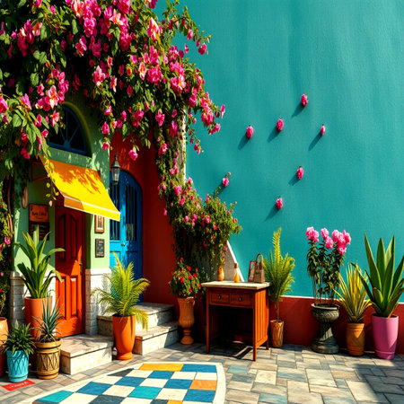 Colorful entrance to a cafe with flowers on the background of blue wallの写真素材