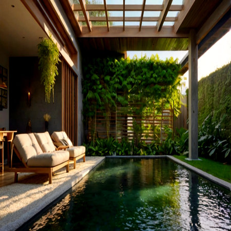 Luxury swimming pool in a modern villa. Nobody insideの写真素材