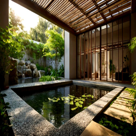 Swimming pool in a tropical garden with bamboo roof and sunlight.の写真素材
