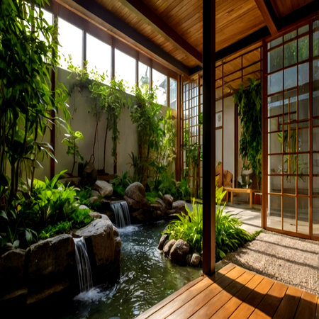 Tropical garden with pond and waterfall in cozy house, stock photoの写真素材