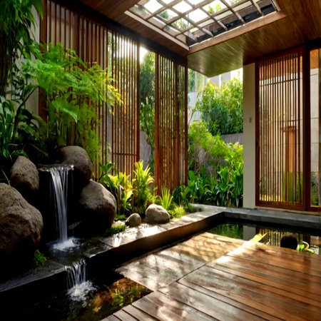 Beautiful garden with a waterfall in the morning. Beautiful landscaped garden.の写真素材