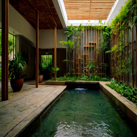 Interior of a villa with swimming pool and green plants.の写真素材